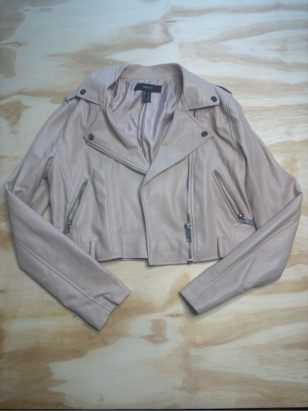 Forever 21 Blush Cropped Faux Leather Moto Jacket